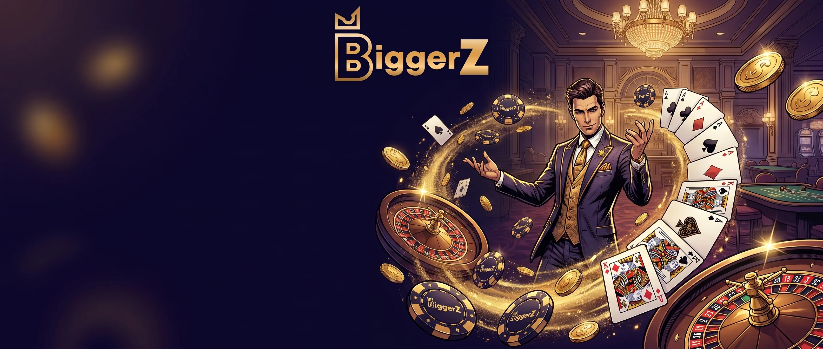 BigGerz Casino illustrated gaming hall with cards, chips and roulette